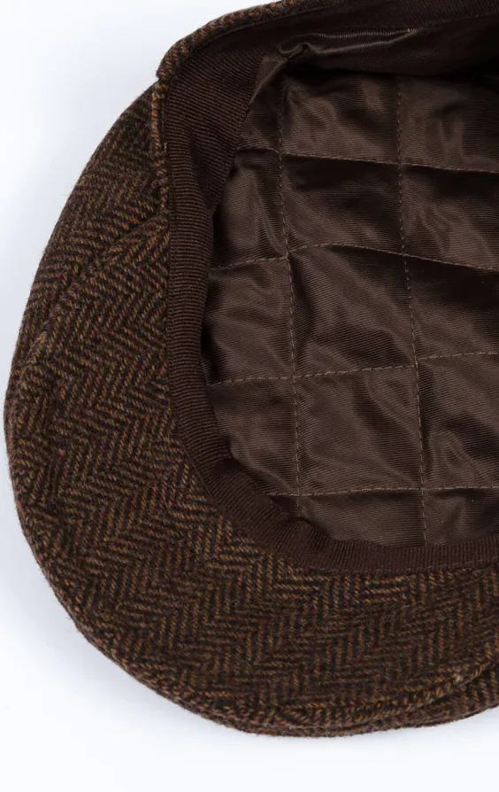 Flache Mütze aus braunem Fischgräten-Tweed - photo 2