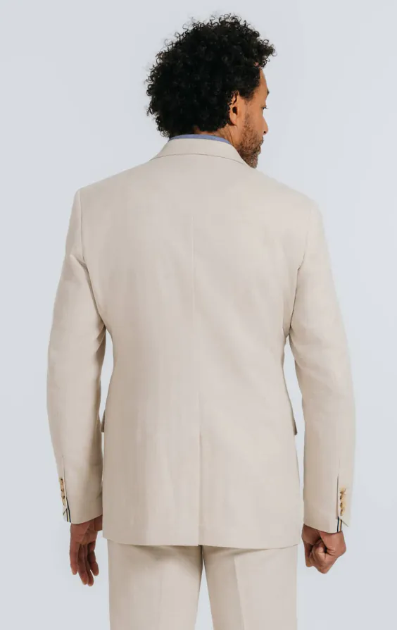 Haferflockenfarbene, zweireihige Anzugjacke aus Leinen mit Fischgrätenmuster und steigendem Revers - photo 1