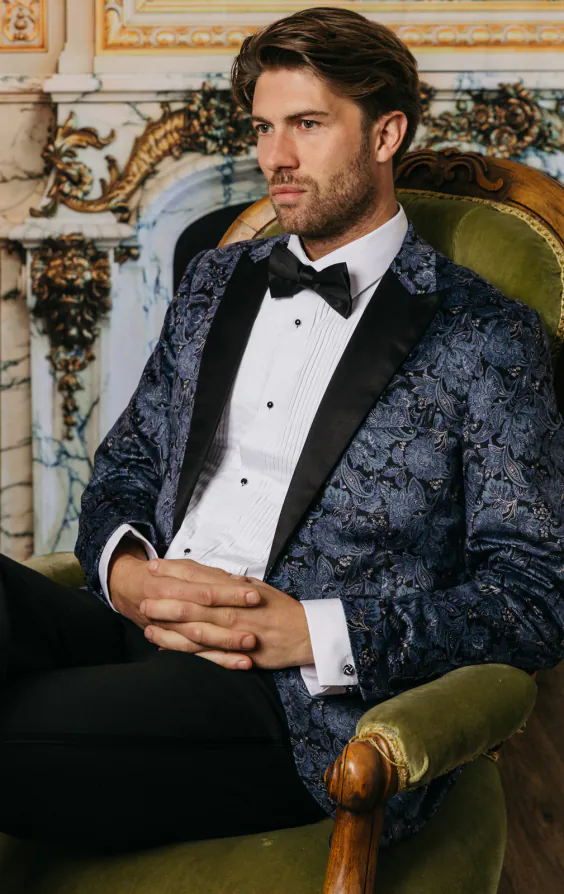 Blaue Smoking Jackett mit Paisley-Samtdruck und Steigendem Revers - photo 1