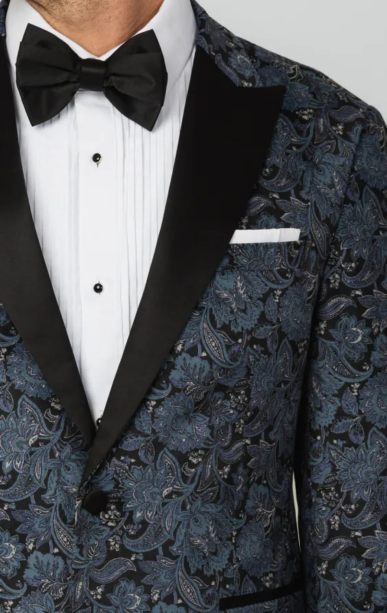 Blaue Smoking Jackett mit Paisley-Samtdruck und Steigendem Revers - photo 4
