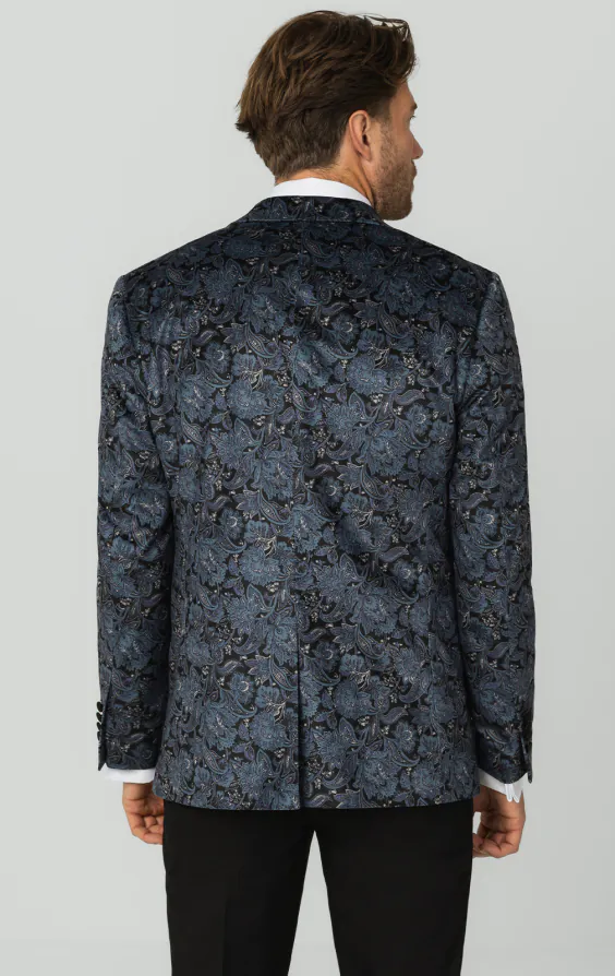 Blaue Smoking Jackett mit Paisley-Samtdruck und Steigendem Revers - photo 6