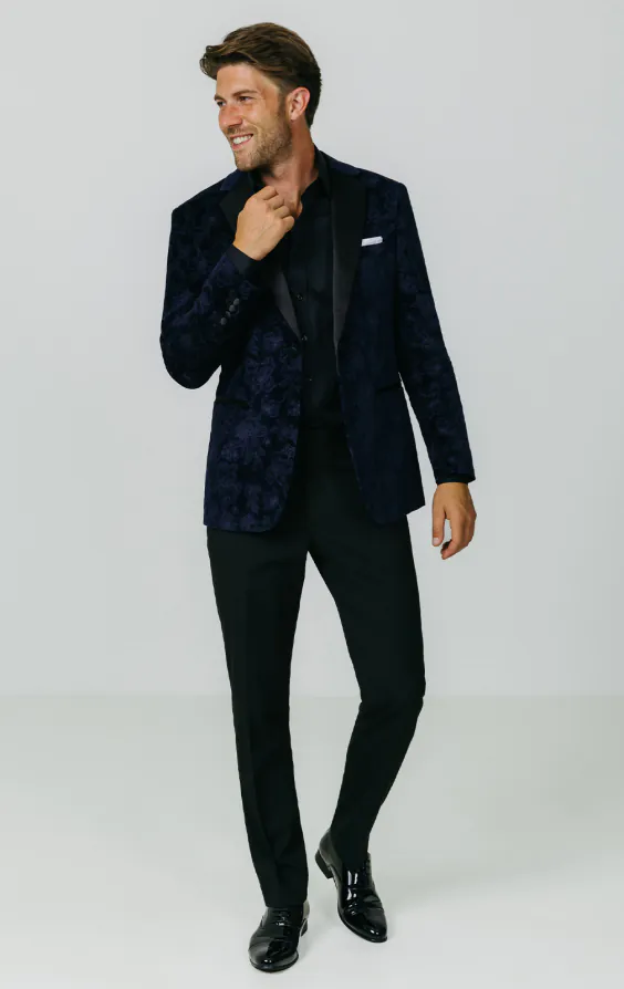 Marineblaue Jacquard-Samt-Smokingjacke mit Blumenmuster - photo 1