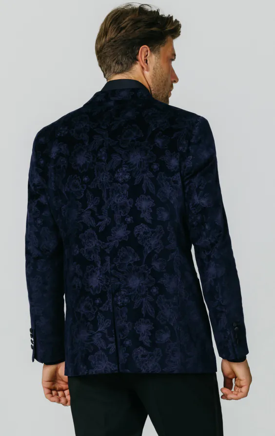 Marineblaue Jacquard-Samt-Smokingjacke mit Blumenmuster - photo 5 Marineblaue Jacquard-Samt-Smokingjacke mit Blumenmuster - photo 5
