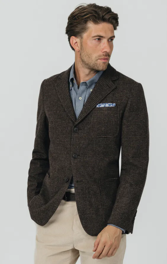 Braune Prince of Wales Tweed Karo Jackett mit aufgesetzten Taschen Braune Prince of Wales Tweed Karo Jackett mit aufgesetzten Taschen