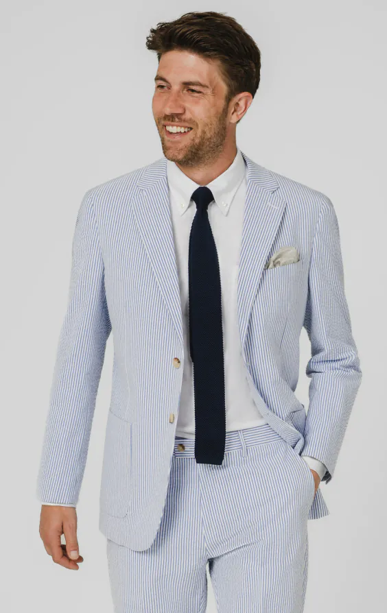 Blau-weißer Seersucker-Anzugjacke