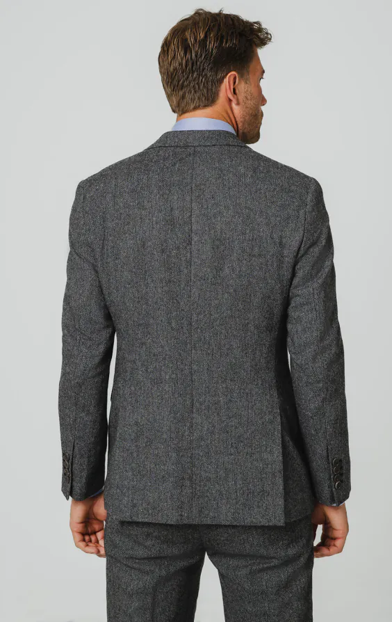 Grau Fischgrätenmuster Tweed Anzug Jackett - photo 5