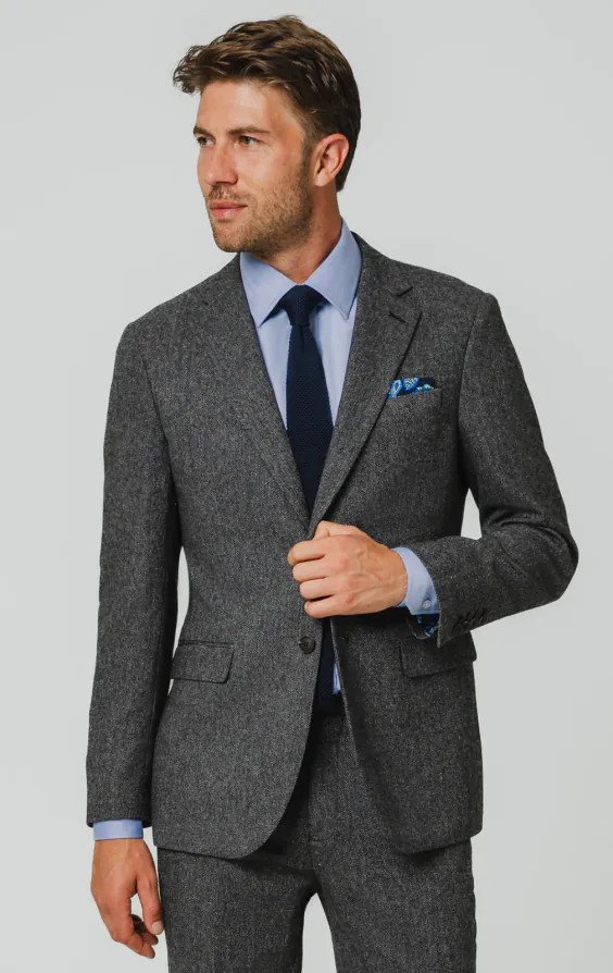 Grau Fischgrätenmuster Tweed Anzug Jackett Grau Fischgrätenmuster Tweed Anzug Jackett