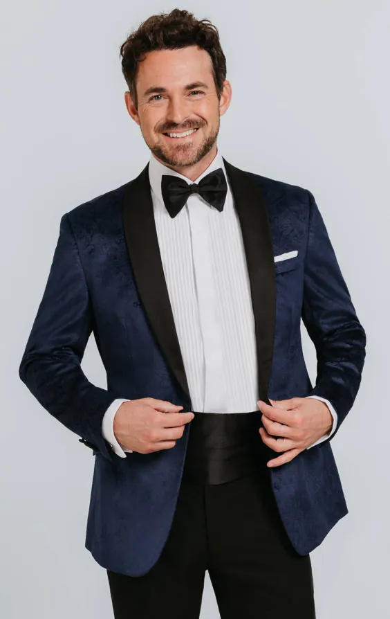 Dobell Samt Smoking, Marineblau mit Paisleymuster Dobell Samt Smoking, Marineblau mit Paisleymuster