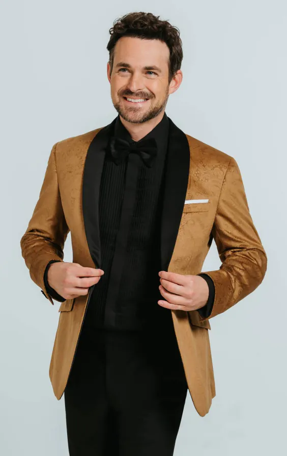 Dobell Samt Smoking, Gold mit Paisleymuster Dobell Samt Smoking, Gold mit Paisleymuster