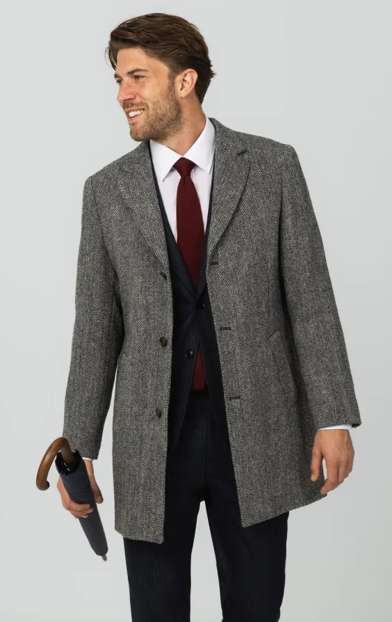 Harris Tweed Mantel, Grau Fischgrätenmuster