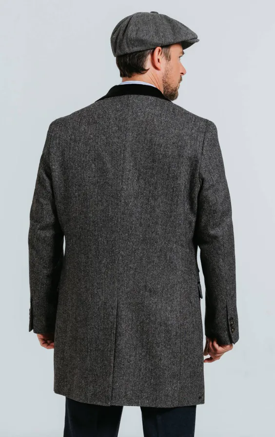 Grauer Fischgräten Tweed Mantel mit Samt Details - photo 2