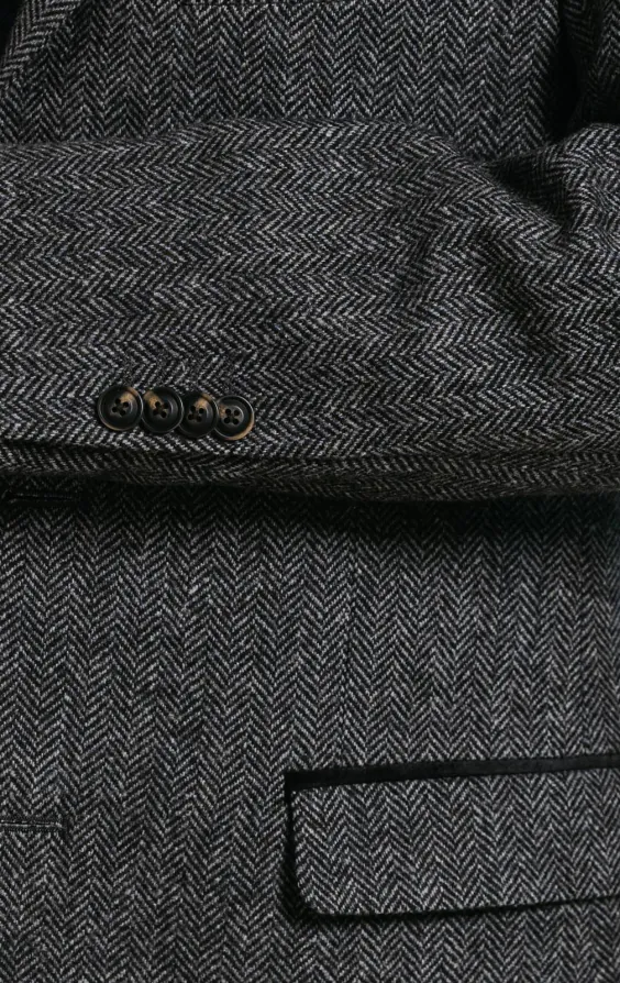 Grauer Fischgräten Tweed Mantel mit Samt Details - photo 3