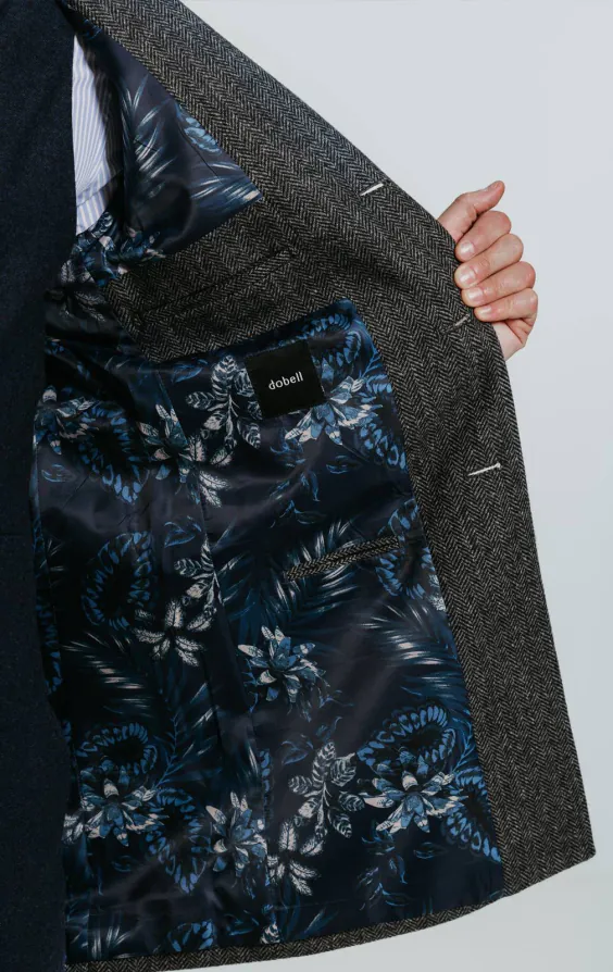 Grauer Fischgräten Tweed Mantel mit Samt Details - photo 5