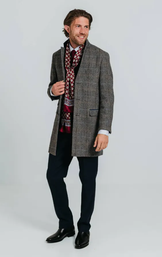 Grau und Blau karierter aus Tweed-Wollgemisch Mantel mit Samtfassungen - photo 2 Grau und Blau karierter aus Tweed-Wollgemisch Mantel mit Samtfassungen - photo 2