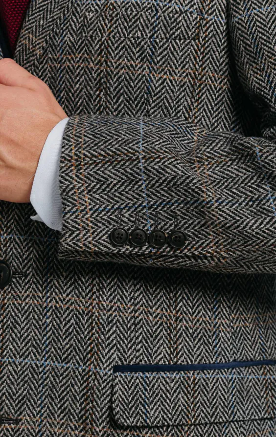 Grau und Blau karierter aus Tweed-Wollgemisch Mantel mit Samtfassungen - photo 4 Grau und Blau karierter aus Tweed-Wollgemisch Mantel mit Samtfassungen - photo 4