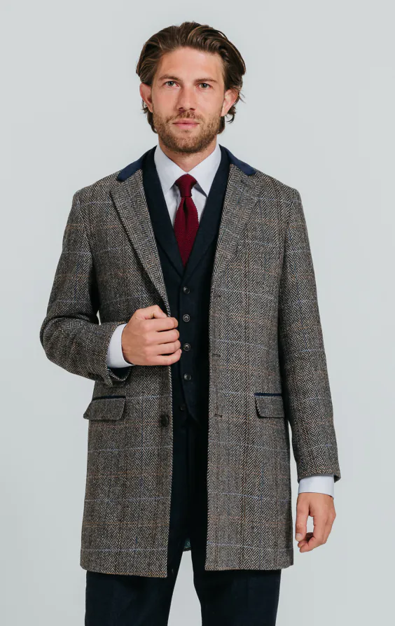 Grau und Blau karierter aus Tweed-Wollgemisch Mantel mit Samtfassungen Grau und Blau karierter aus Tweed-Wollgemisch Mantel mit Samtfassungen