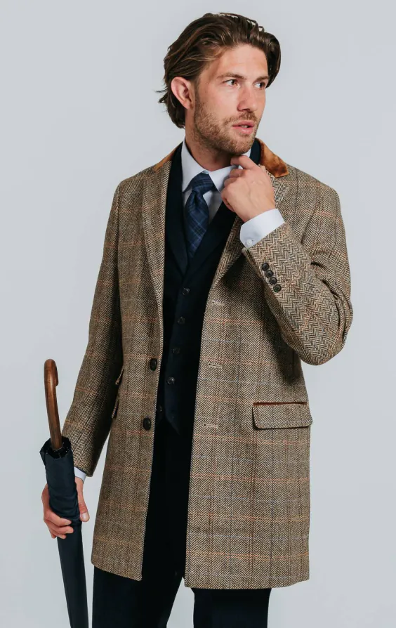 Braun und Blau karierter aus Tweed-Wollgemisch Mantel mit Samtfassungen - photo 1