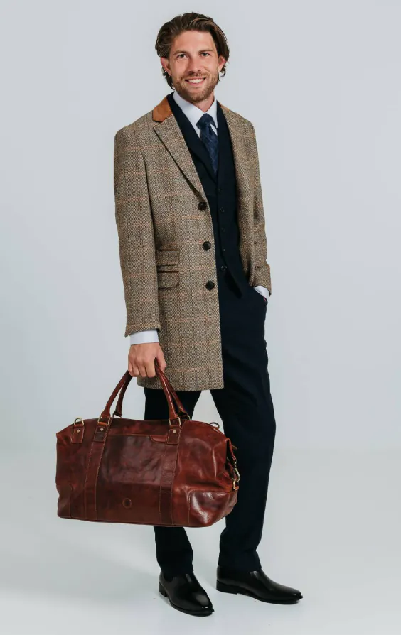 Braun und Blau karierter aus Tweed-Wollgemisch Mantel mit Samtfassungen - photo 2