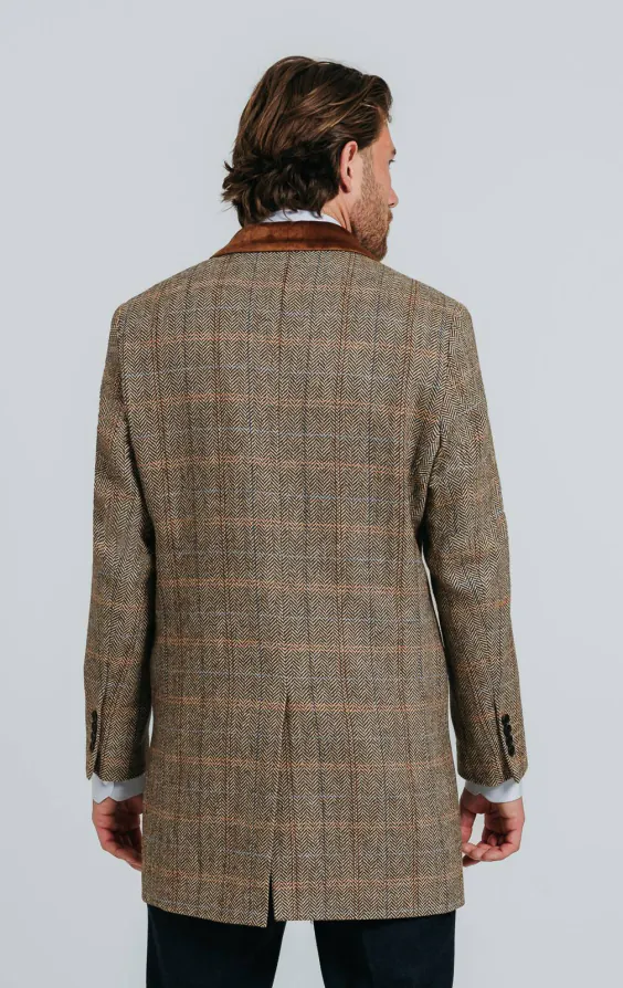 Braun und Blau karierter aus Tweed-Wollgemisch Mantel mit Samtfassungen - photo 3