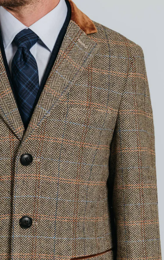 Braun und Blau karierter aus Tweed-Wollgemisch Mantel mit Samtfassungen - photo 5