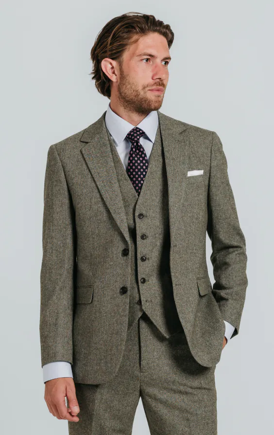 Salbeigrün Fischgrätenmuster Tweed 3-Teilig Anzug Salbeigrün Fischgrätenmuster Tweed 3-Teilig Anzug