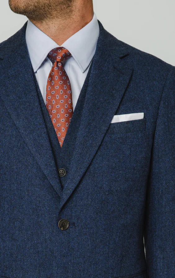 Blau Fischgrätenmuster Tweed 3-Teilig Anzug - photo 3