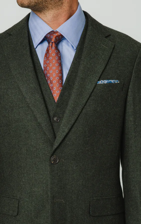 Dunkelgrün Fischgrätenmuster Tweed 3-Teilig Anzug - photo 2