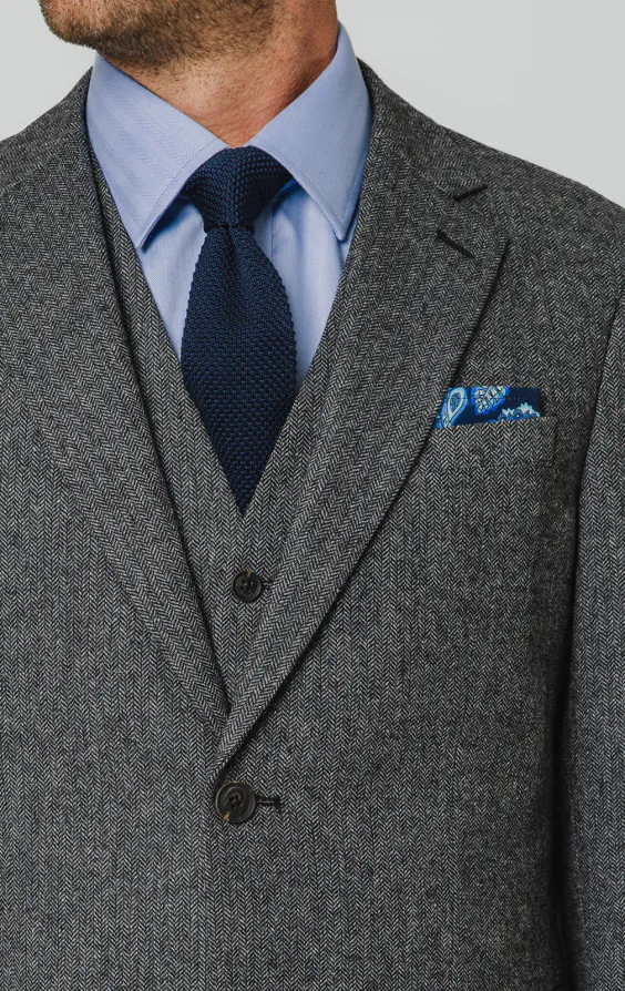 Grau Fischgrätenmuster Tweed 3-Teilig Anzug - photo 3