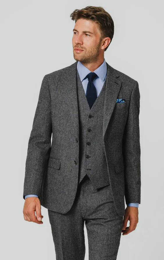 Grau Fischgrätenmuster Tweed 3-Teilig Anzug