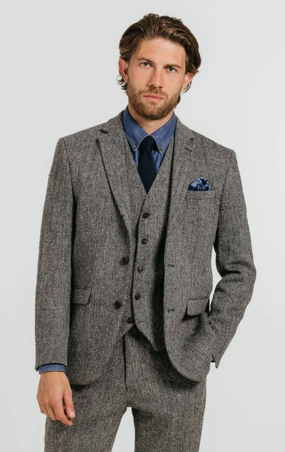 Harris Tweed Anzug, Fischgrätenmuster, Grau 
