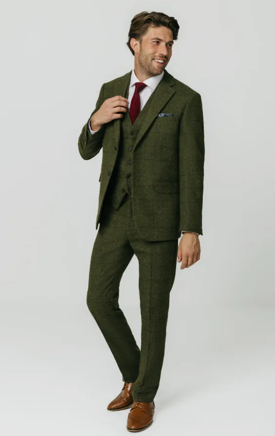 Tweed Anzug, Grün, Großes Karo, 3-Telig - photo 1
