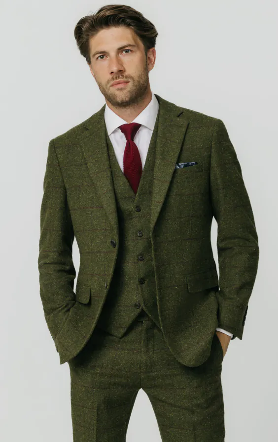 Tweed Anzug, Grün, Großes Karo, 3-Telig