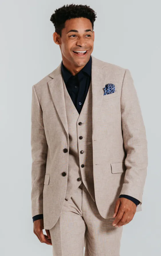 Leinen Anzug, Sandfarben, Slim-Fit, 3-Teilig