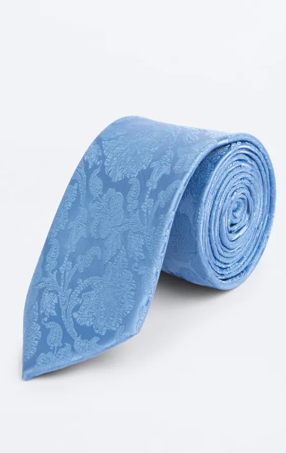 Mittelblaue Jacquard-Krawatte mit Blattmuster Mittelblaue Jacquard-Krawatte mit Blattmuster