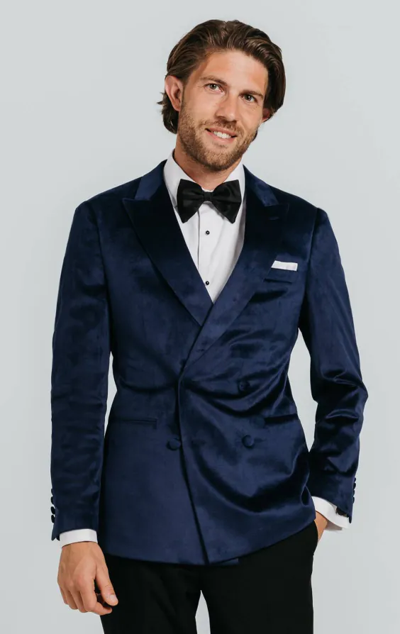 Marineblau Samt Zweireihig Smoking mit Steigendem Revers mit Schwarzer Hose Marineblau Samt Zweireihig Smoking mit Steigendem Revers mit Schwarzer Hose