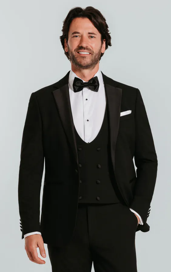 Schwarzer Slimfit Smoking mit Fallendes Revers, 3-Teilig Schwarzer Slimfit Smoking mit Fallendes Revers, 3-Teilig