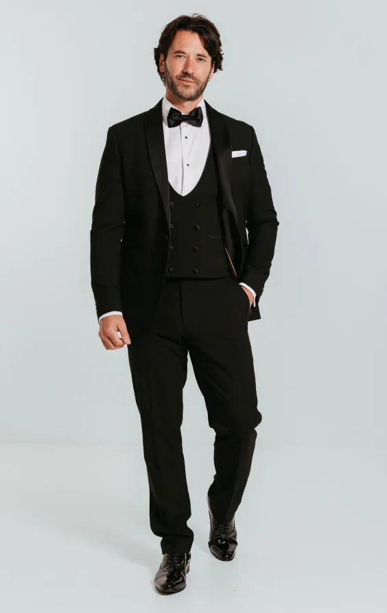 Schwarzer Slimfit Smoking mit Schalkragen, 3-Teilig - photo 1