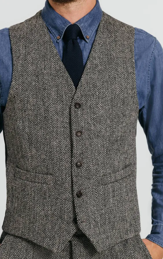 Harris Tweed Weste, Schwarz-Grau, Fischgrätenmuster - photo 1