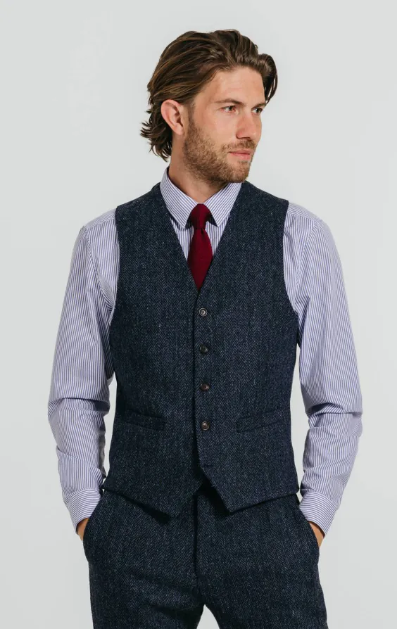 Harris Tweed Weste, Blau-Schwarz, Fischgrätenmuster