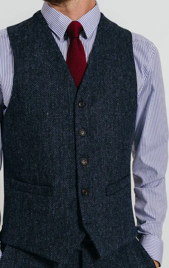 Harris Tweed Weste, Blau-Schwarz, Fischgrätenmuster - photo 1