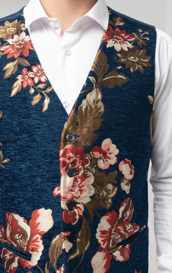 Weste, Blau, Florales Brokat - photo 1