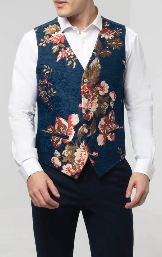Weste, Blau, Florales Brokat