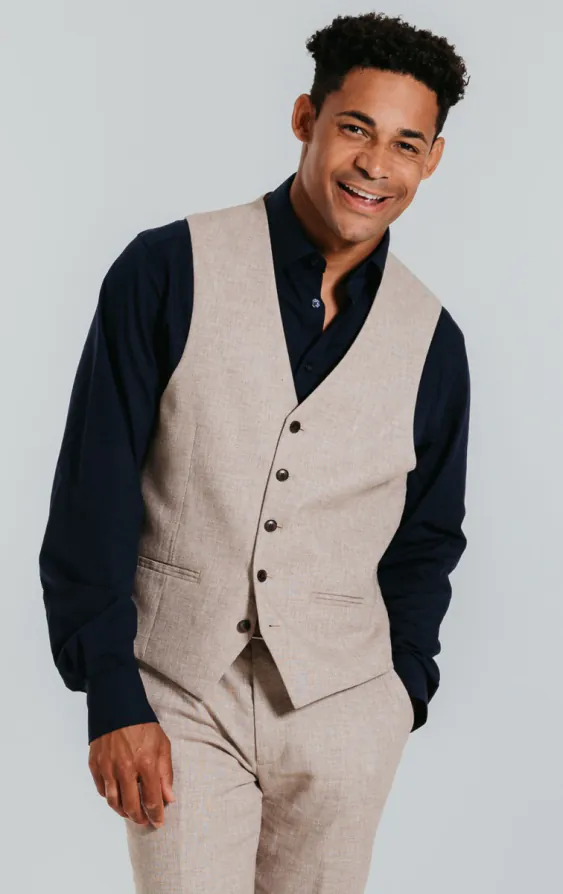 Leinen Anzug, Sandfarben, Slim-Fit, 3-Teilig - photo 7