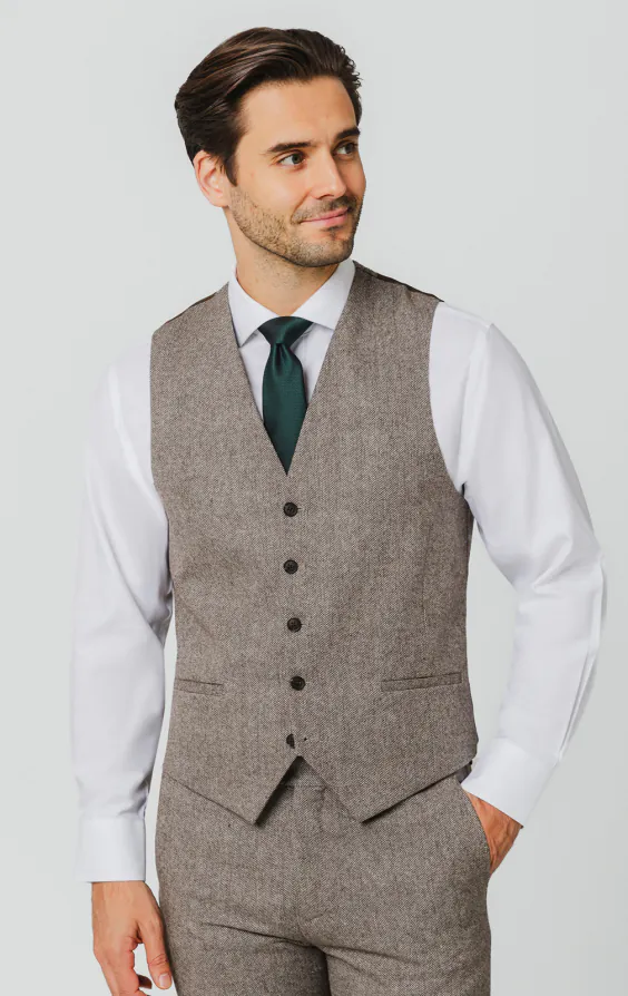 Braun Fischgrätenmuster Tweed Anzug Weste