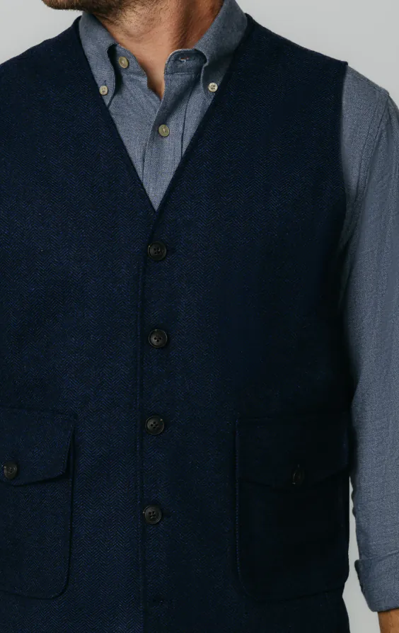 Marineblau Tweed Weste mit Fischgrätmuster mit aufgesetzten Taschen - photo 2