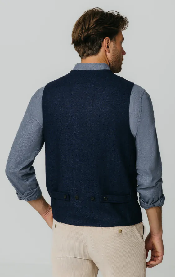 Marineblau Tweed Weste mit Fischgrätmuster mit aufgesetzten Taschen - photo 3