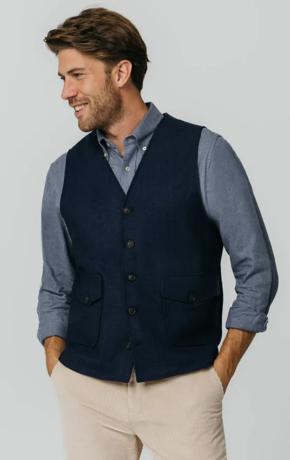 Marineblau Tweed Weste mit Fischgrätmuster mit aufgesetzten Taschen