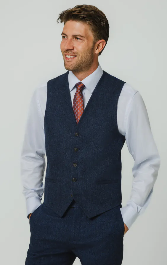 Blau Fischgrätenmuster Tweed Weste Blau Fischgrätenmuster Tweed Weste