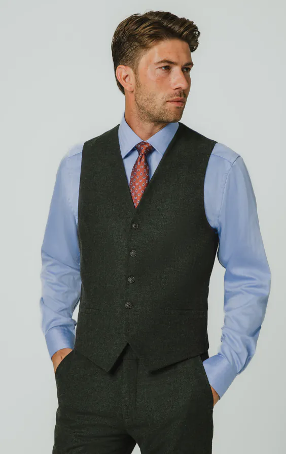 Dunkelgrün Fischgrätenmuster Tweed Weste