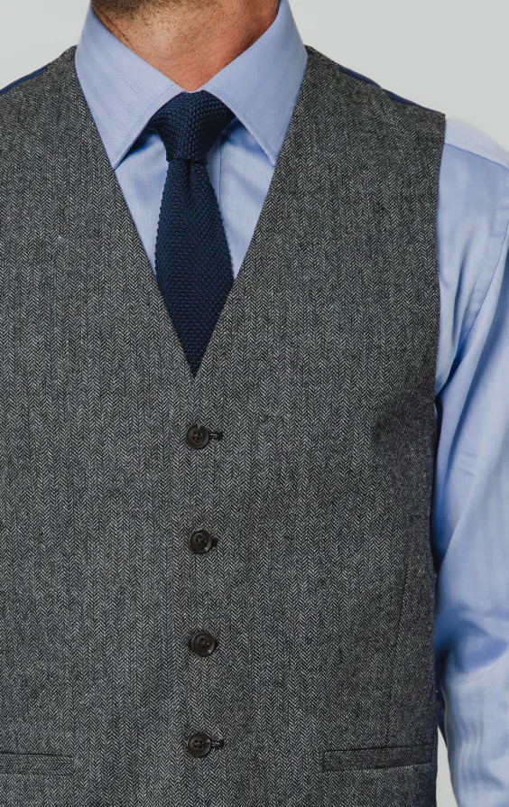 Grau Fischgrätenmuster Tweed Weste - photo 1